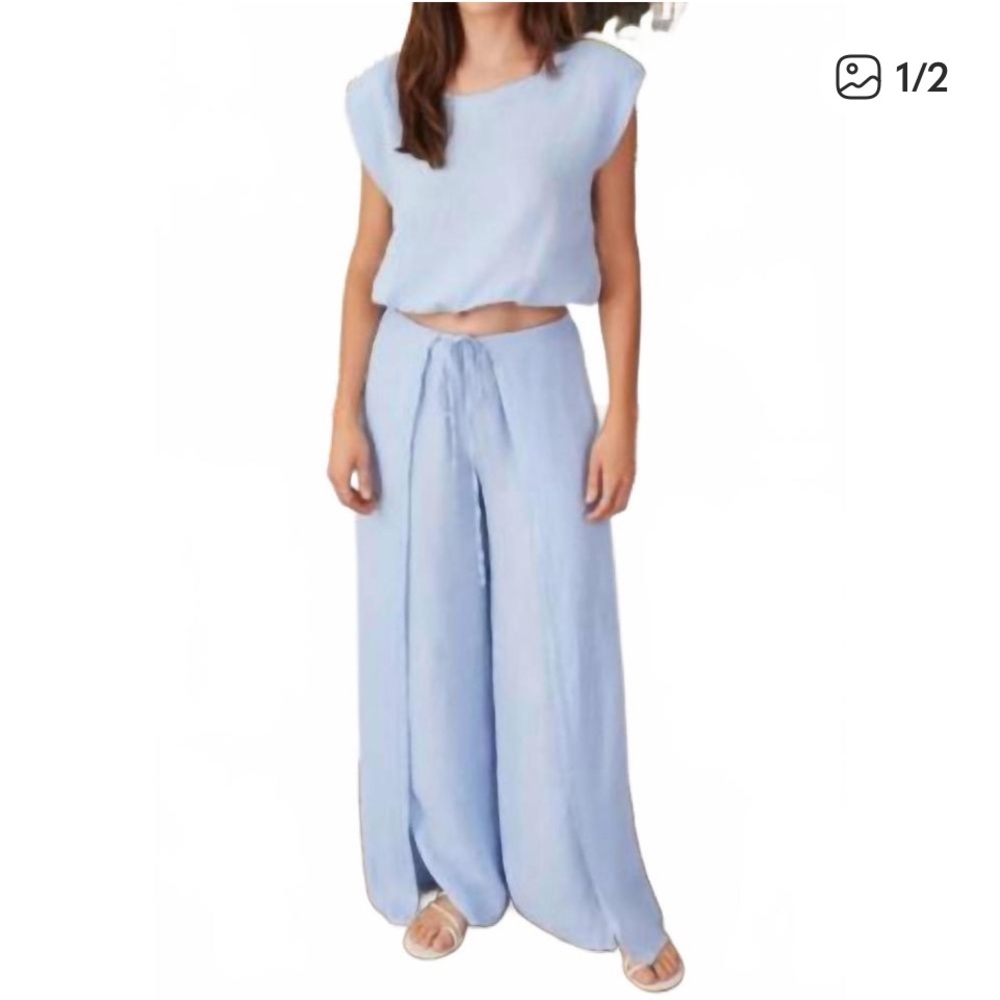 Milio Milano pure linen pants L boho yoga beach Italy sky blue wide leg